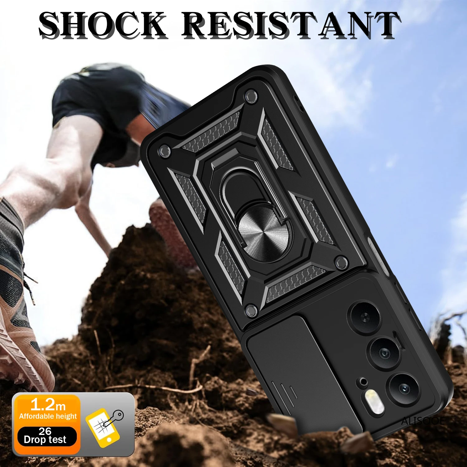 Enhanced Shockproof Armor Case with Slide Camera Cover and Ring Stand