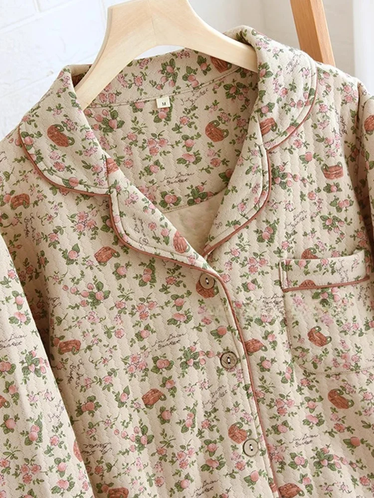 Thiened Air Cotton Long Sve Floral Print Spwear Set Women's Tee-Layer Cotton Air Home Clothes Sweet Sle Pajamas