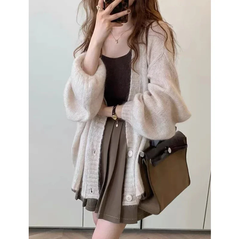 Autumn and Winter New Women's Solid Color Cardigan Sweater Fashion Casual Single-breasted Lantern Sleeve Sweater Jacket