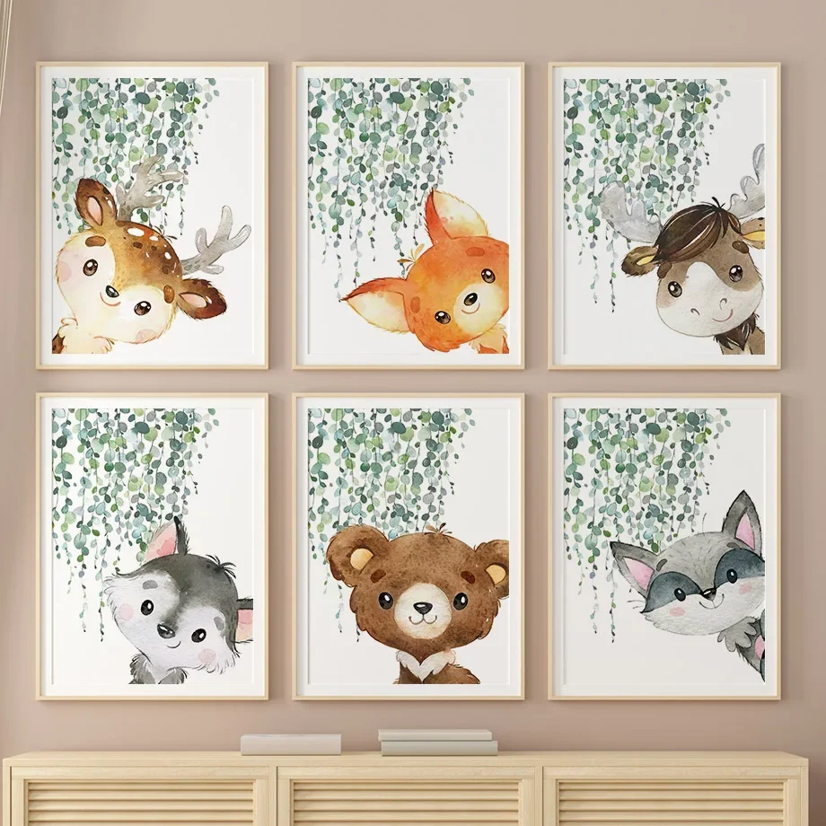 

Woodland Baby Animal Nursery Deer Raccoon Bear Fox Wall Art Canvas Painting Nordic Posters Prints Wall Pictures Kids Room Decor