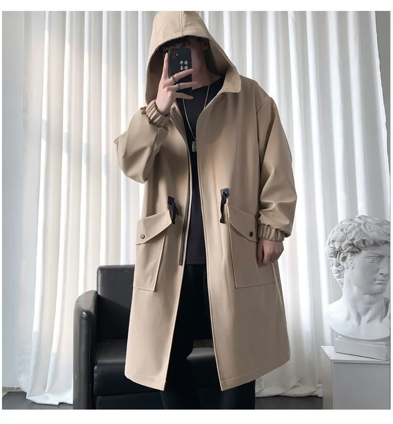 Korean Style Spring Trench Coat Hooded Loose Big Pockets Windbreaker Windproof Men Daily High Street Overcoat Men Clothes