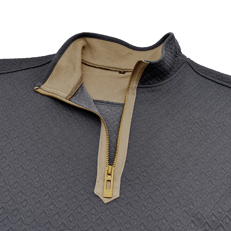 Stilvolle Herren-Langarm-T-Shirts mit halbem Reißverschluss, Henley-Kragen, Rautenmuster, trendig, dunkelgrau, lässig, Outdoor-Kleidung – Detail 6