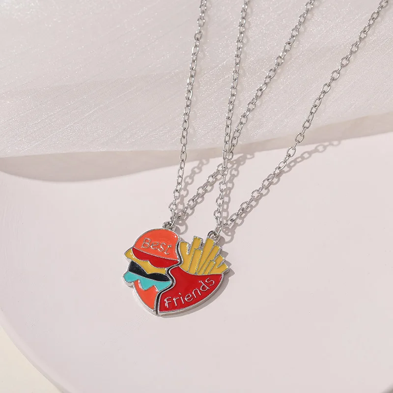 2 Stück Hamburger Pommes Beste Freundin Anhänger Halskette Einstellbare Miniatur Simulation Herzförmige Männer Frauen Paar Choke Schmuck – Detail 7