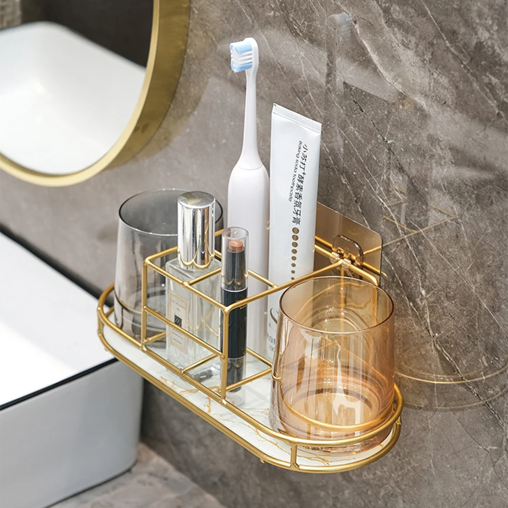 

Bathroom Wall-Mounted Storage Rack For Mouthwash cup Toothbrushes Toothpaste Luxury Bathroom Shelf Without Drilling