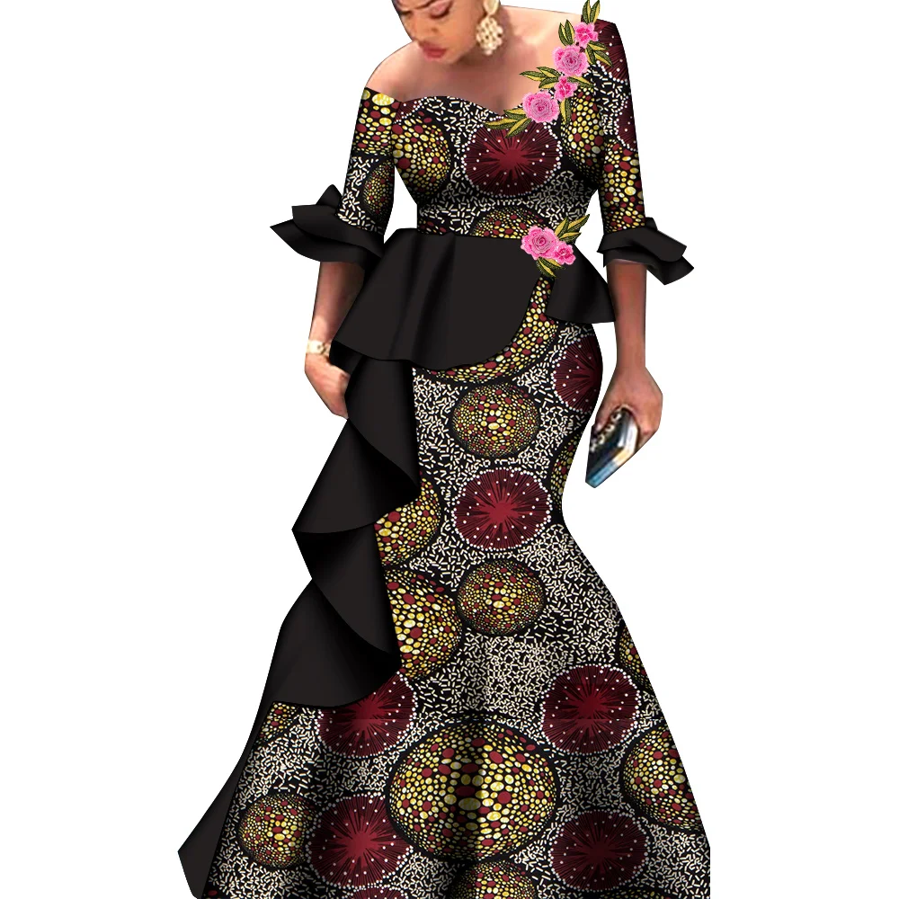 African Dresses for Women Fashion Design New African Bazin Half Flare Sleeve Ruffle Long Dress with Applique Maxi Dress WY9048 bazin riche african men clothing print shirts with three chain and pants 2 piece set dashiki outfits plus size casual a2216020