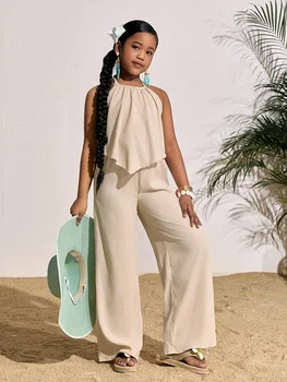 Abbigliamento per bambine: completo casual per le vacanze con top senza maniche in tinta unita e pantaloni a gamba larga, completo di pantaloni lunghi per bambine, completo casual alla moda con pantaloni a gamba larga per bambini, adatto per bambini dai 8 ai 12 anni