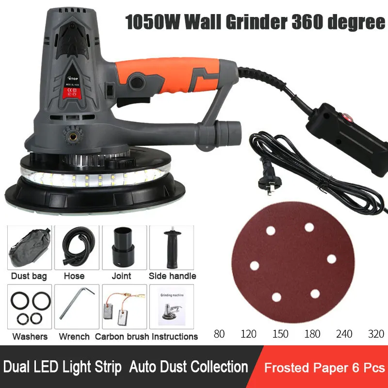 

Plug Speed Adjustable Grinding Machine with Dual LED Lighting Strips Electric Wall Grinder with 6pcs Frosted Paper