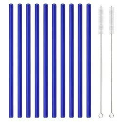 Set of 10 Reusable Glass Straws with Cleaning Brush - 8 Long (Dark Blue)