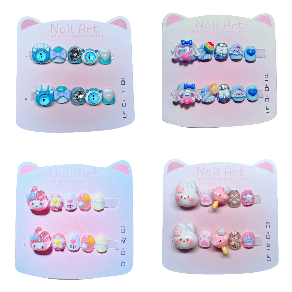 

Kawaii 3-8 Years Old Children Cartoon Handmade Fake Nails Hello Kitty Cinnamoroll Mymelody Kuromi Wearable Press on Nails Gift