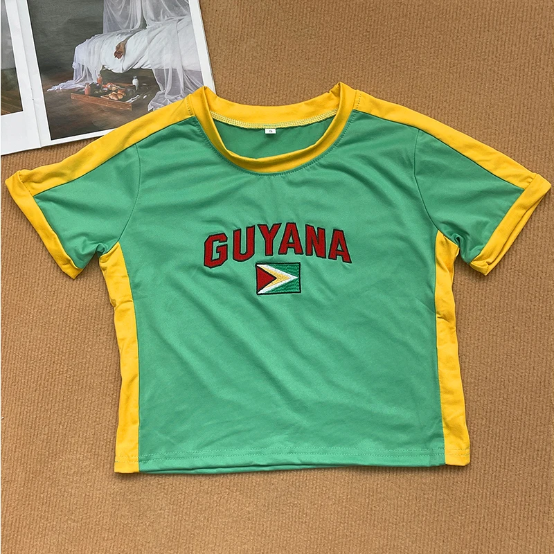 Women Gothic Vintage O Neck Slim Crop Tops Short Sleeve T-Shirt For Summer Y2k Streetwear GUYANA Letter Print Sporty Baby TShirt 5