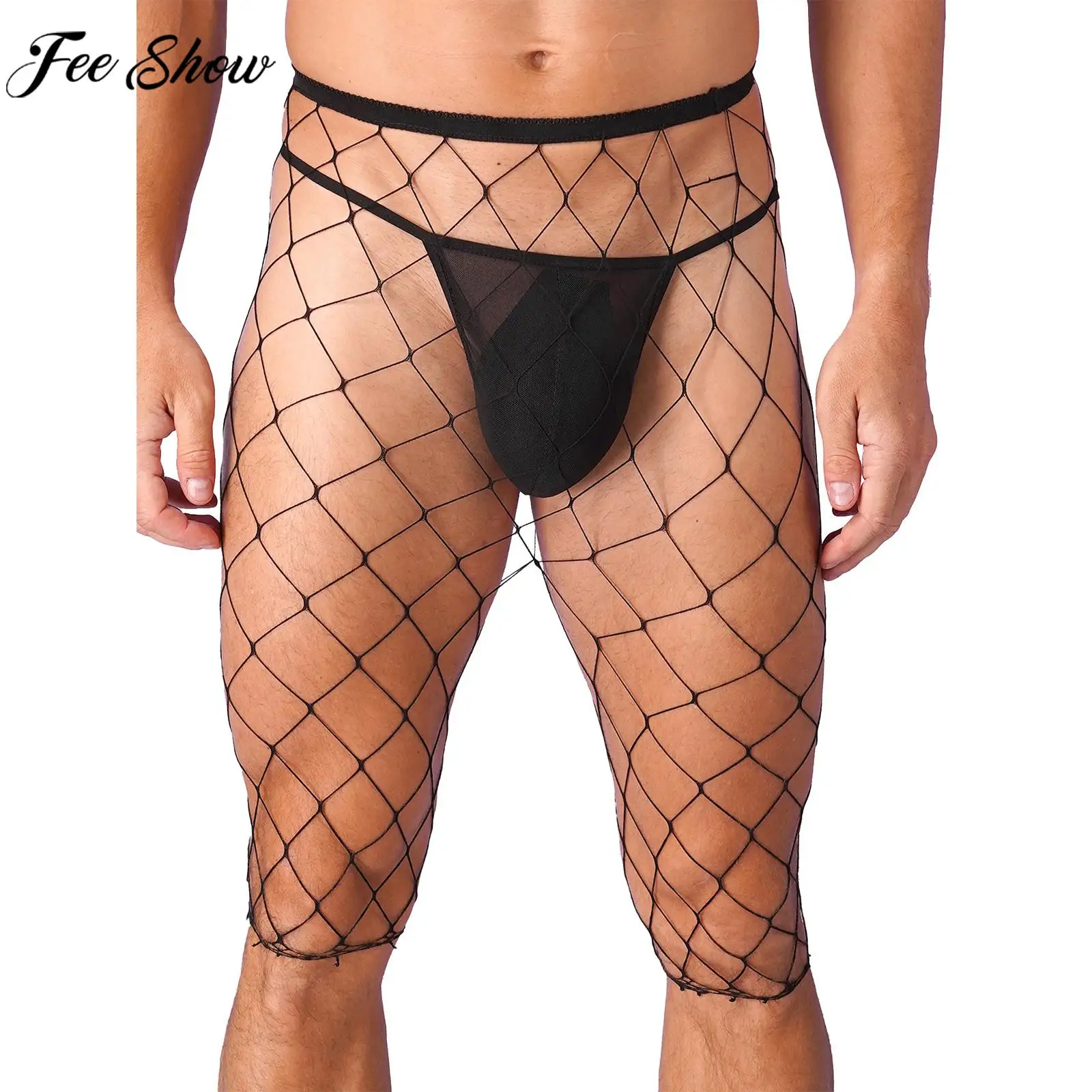 Mens Fishnet Mesh See-through High Waist Knee Length Stretchy Leggings for Pool Party Rave Nightclub Nightwear men underwear,men leggings