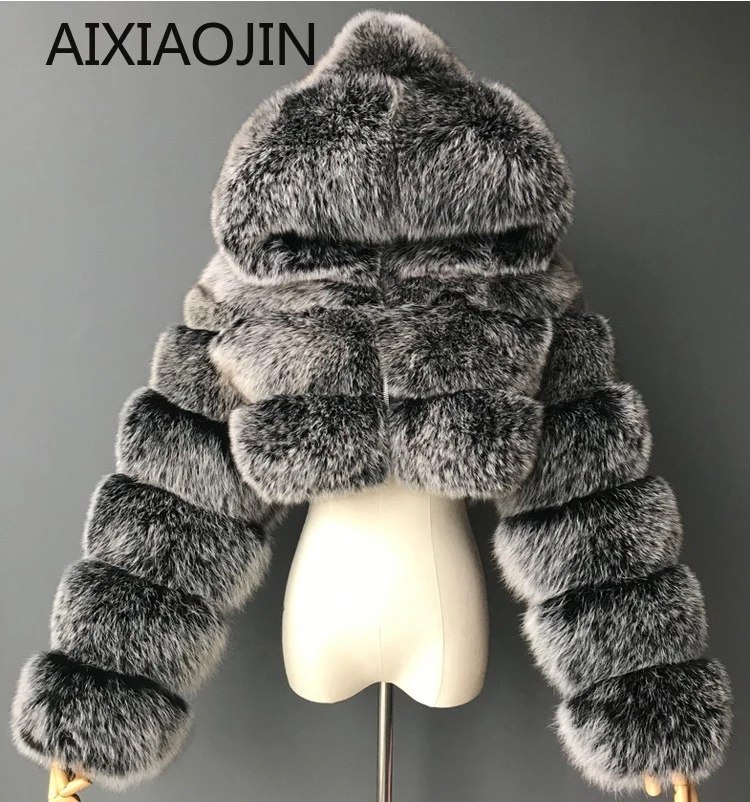 AIXIAOJIN high-quality furry short faux fur coats and jackets women's fluffy coats with hooded winter fur jackets manteau femme packable down jacket