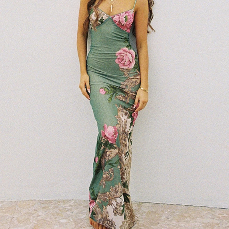 

Женское облегающее платье с цветочным принтом, облегающее длинное Привлекательное платье на бретелях-спагетти с V-образным вырезом, летнее ажурное платье с открытыми плечами, весна 2024