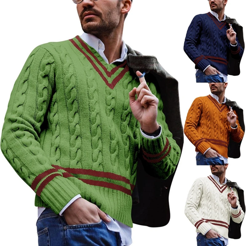 Men's Striped Color Matching Knitted Sweater Autumn Winter Fashion  V-Neck Pullover Loose Sweater