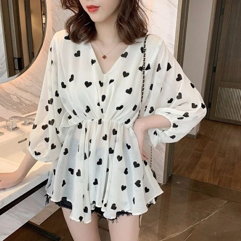 Summer New Print Loose Tops Female V Neck Plus Size Love Chiffon Shirts Versatile Simplicity Youth Fashion Women Clothing