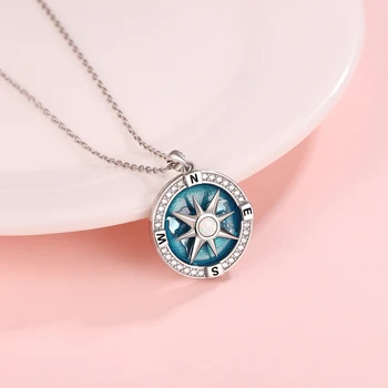 925 Sterling Silver Navy Travel-Map Rotatable Compass Necklace Inspirational Nautical Dream Opal Pendant Jewelry Gifts for Women