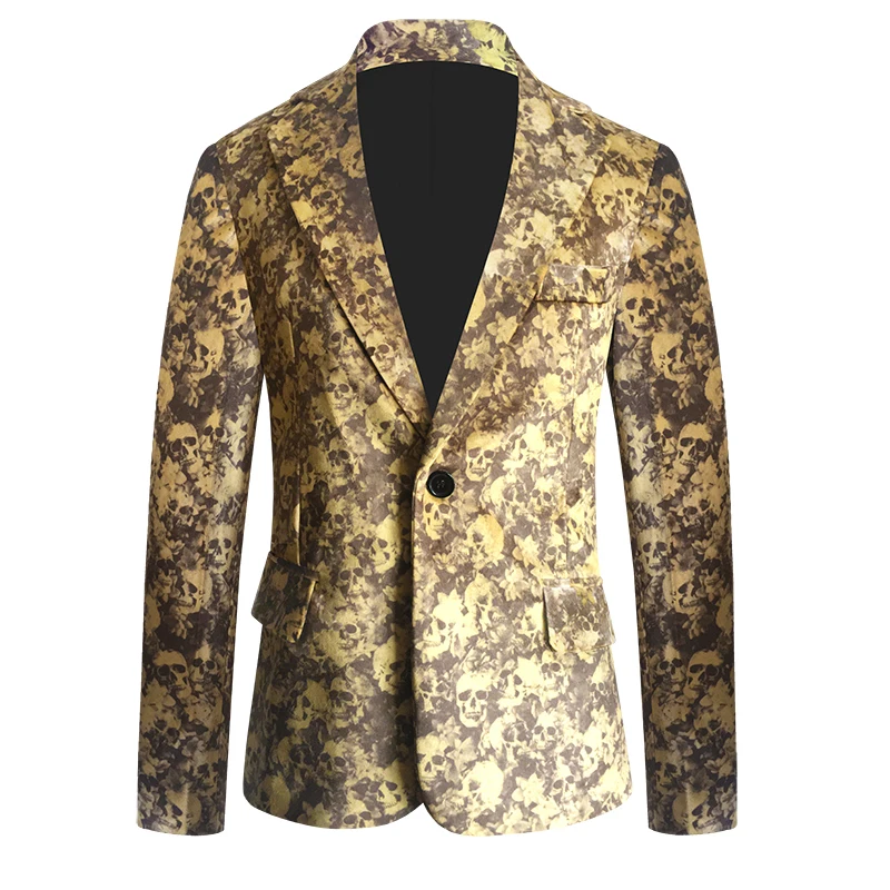 Men Digital Printing Velvet Fabric Blazer Floral Pattern Pleuche Suit Jackets Digital Printed Skull Pattern Flannel Suit Blazers