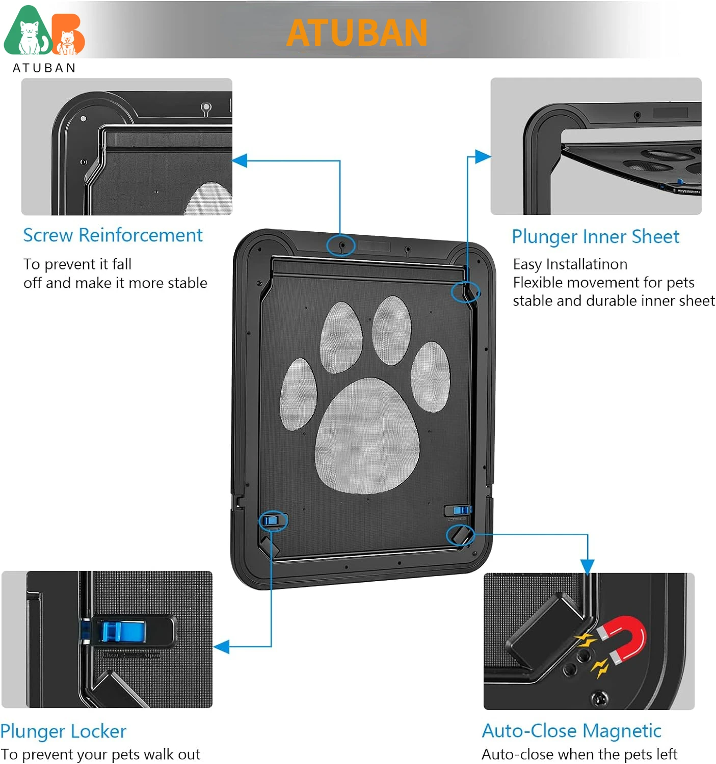 Dog Screen Door 12x14x0.4 Inch Lockable Magnetic Self-Closing pet door