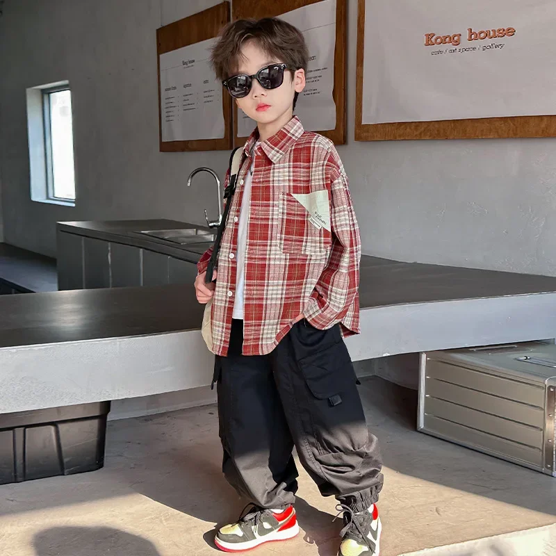 Plaid Long Sleeve Shirt for Boys Spring Autumn Fashionable Checkered Children's Clothing Small Medium Size Kids' Outerwear