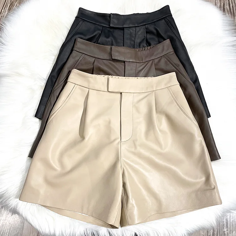 2024 Women New Arrival Women Brief Slim Elastic Waist Real Sheepskin Leather Shorts