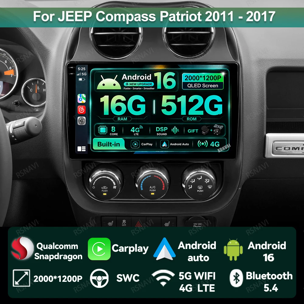 Radio para Auto Android 16 para JEEP Compass Patriot 2011-2017, Reproductor de Video, 5G WIFI, 4G LTE, Unidad Principal DSP, Carplay Inalámbrico, Auto QLED 1