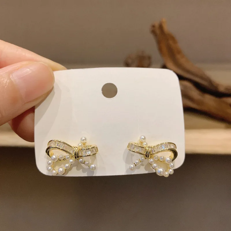 

New Trendy 925 Silver Stud Earrings Gold Color Bowtie Beads Clear CZ For Women Girl Gift Fashion Jewelry Dropship Wholesale