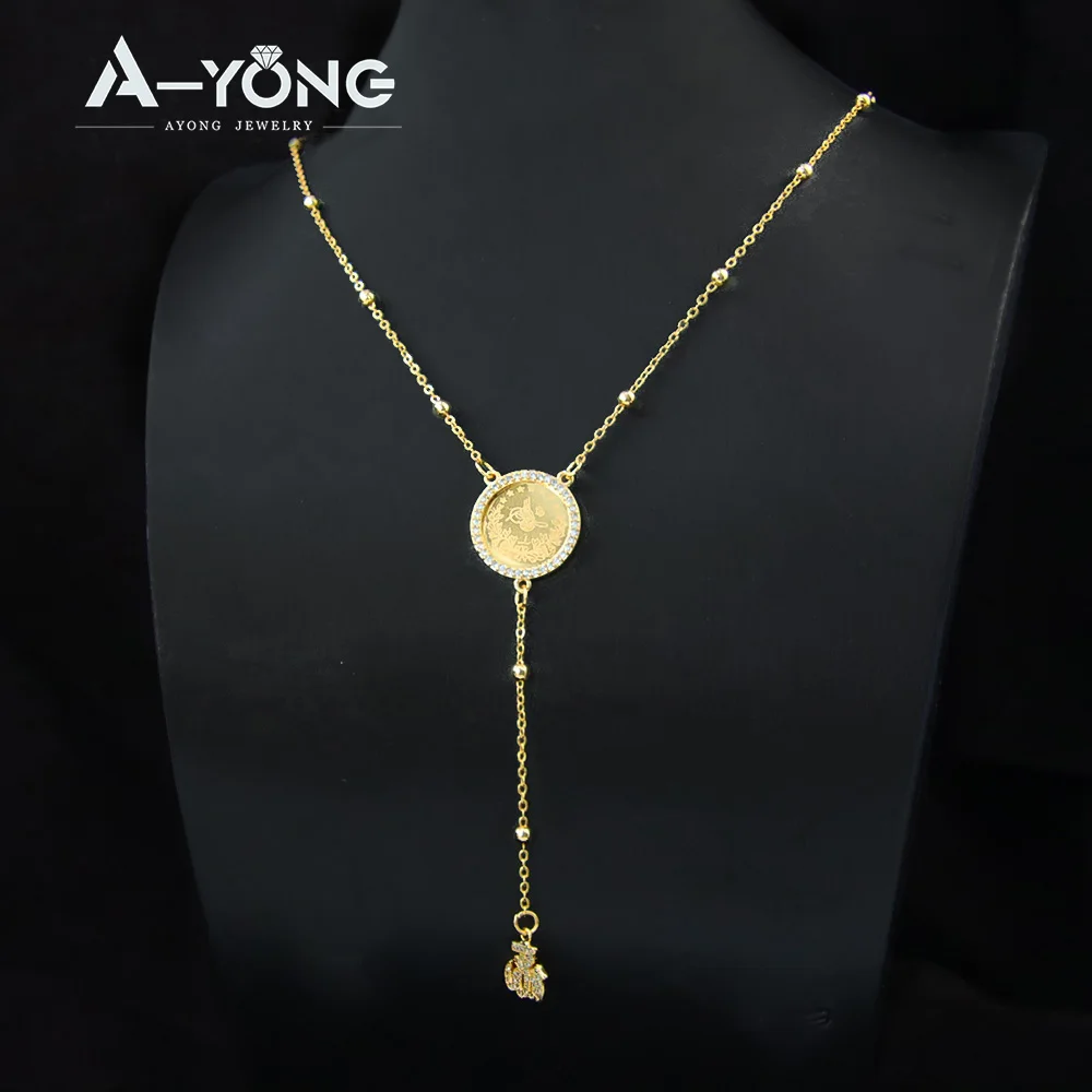 Dubai Gold Color Long Necklace 21k Gold Plated Personality Zirconia Arab Turkish Coin Jewelry Women Bridal Wedding Banquet Parts