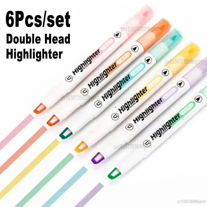 6 Color Double Head 1mm 4mm Highlighter Pen Visible Transparent Window Oblique Tip Art Marker Office School Drawing Stationery