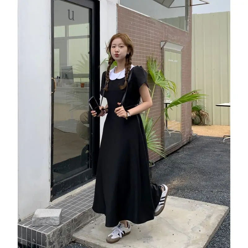 

2023 New Summer Dressed Girl Ghost Horse Girl Retro Waist Retraction Appear Thin Little Black Dress Free Shipping