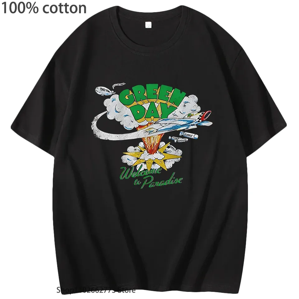 G-green Day Rock Band Shirts Welcome To Paradise Men's T-Shirt Black Band Merch Kawaii Clothes Women Y2k Top 100%Cotton Tees Men