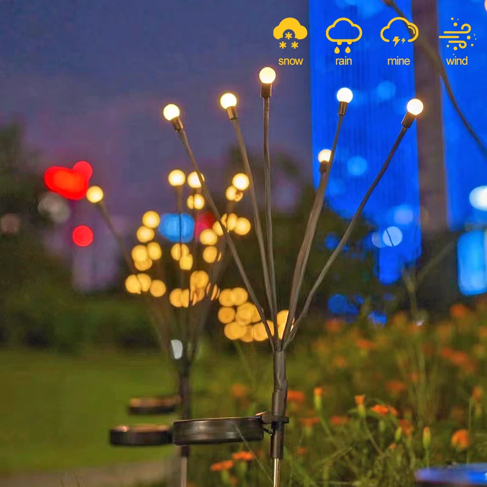 2Pcs 8 LED Vibrant Firefly Starburst Swaying Lights IP65 Waterproof Solar Powered Outdoor Firefly Lights for Lawn Hallway Patio