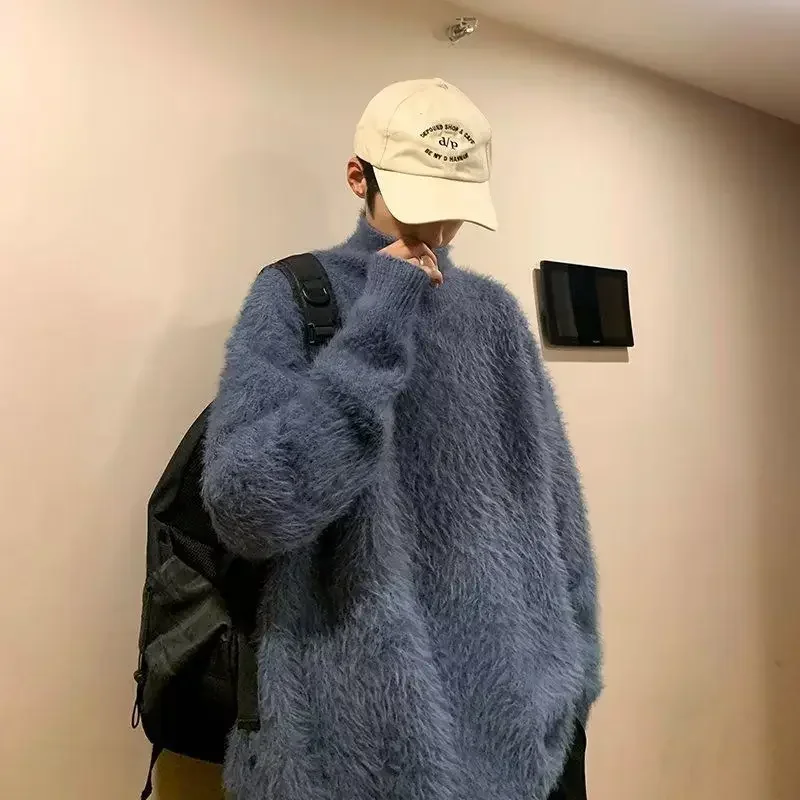 Winter Imitation Mohair Turtleneck Sweater Fashion Causal Loose High Street Knit Sweaters Pullovers Men Top Male Clothes 4
