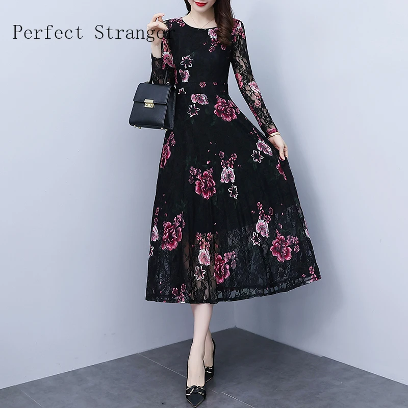 

2022 Autumn New Arrival Elegant Round Collar Flower Printed Long Sleeve Lace Long Dress Women Vestidos 5XL Hot Sale Robe