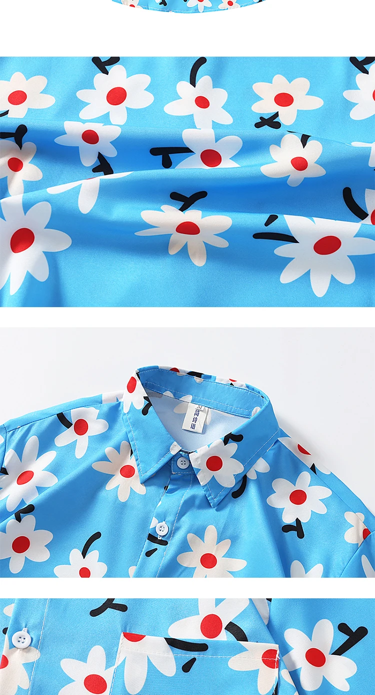 Description Picture 4 of itemMen Women Hawaiian Floral Print Short-sleeved Lapel Shirts Trendy Summer Beach Seaside Vacation Style Loose Casual Blouse Tops