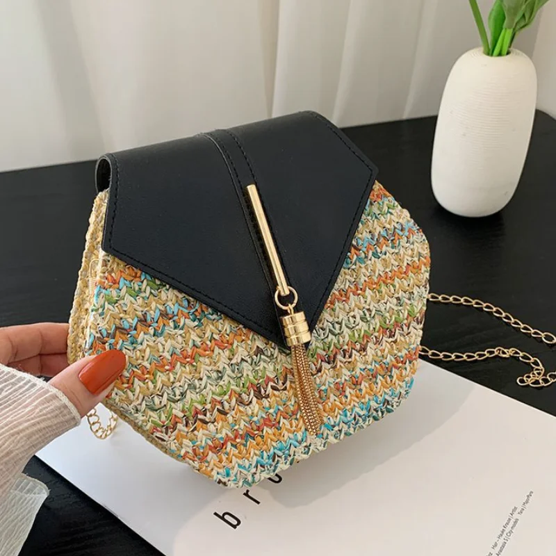 Women Spring Summer Woven Bags New 2022 Autumn Winter Straw Woven Bag Hexagonal Chain Shoulder Messenger Bag