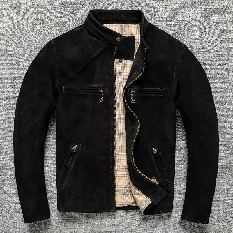 

Retro First Layer Cowhide Matte Uncoated Men's Motorcycle Leather Jjacket Fashionable Lapel Short Slim Fit Leather Coat