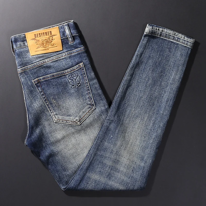 Fashionable new men's jeans, elastic slim fit, retro blue jeans, designer motorcycle brand high-quality pants