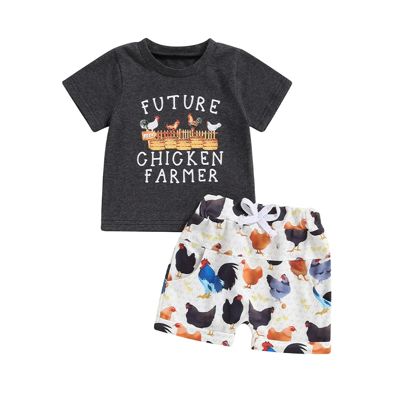 

Baby Boys Shorts Set Short Sleeve Letters Print T-shirt with Chicken Print Shorts Summer Outfit