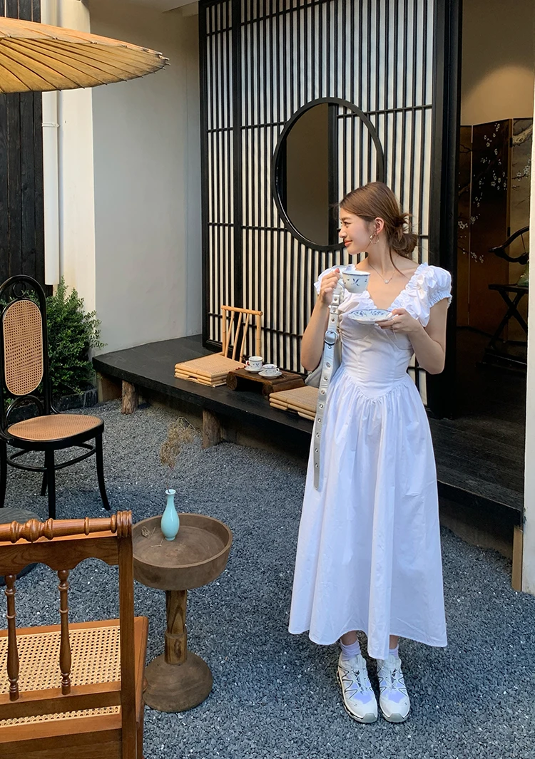 Casual Solid Midi Dresses for Women Korean Chic V-neck Backless High Waist Puff Sleeve A-line Party Dress Summer Vestidos Mujer