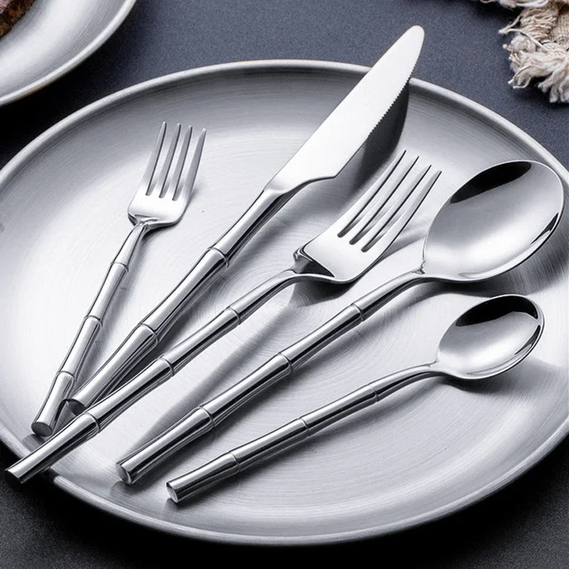 Creative Cutlery Bamboo Handle 304 Stainless Steel Western Tableware Steak Forks Spoon Dinnerware Flatware Dishwasher Safe
