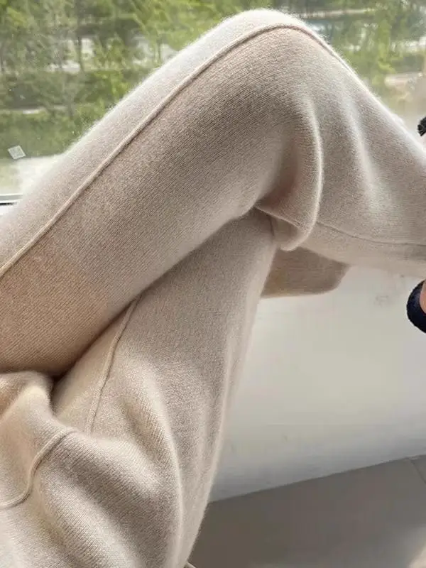 Thiened Wool Knitted Wide Leg Pants High Waist Drapey Narrow Version Floor-Length Straight Tube Pants for Women