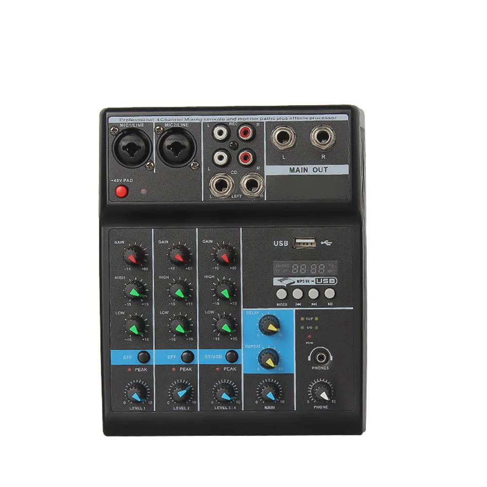 * 4-channel Audio Mixer Portable Live Sound Mixing Console Phantom Power Monitor Interface Computer EU / AU Plug DJ Controller
