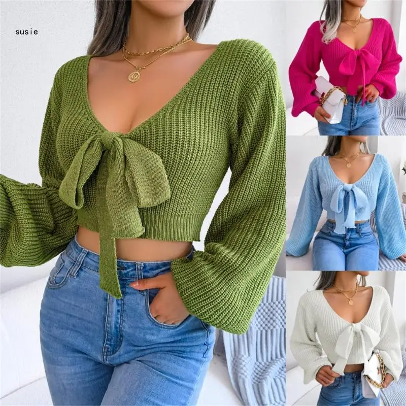 

X7YA Long Sleeve Pullover Tops Fitting Cropped Streetwear with Bowknot Decor
