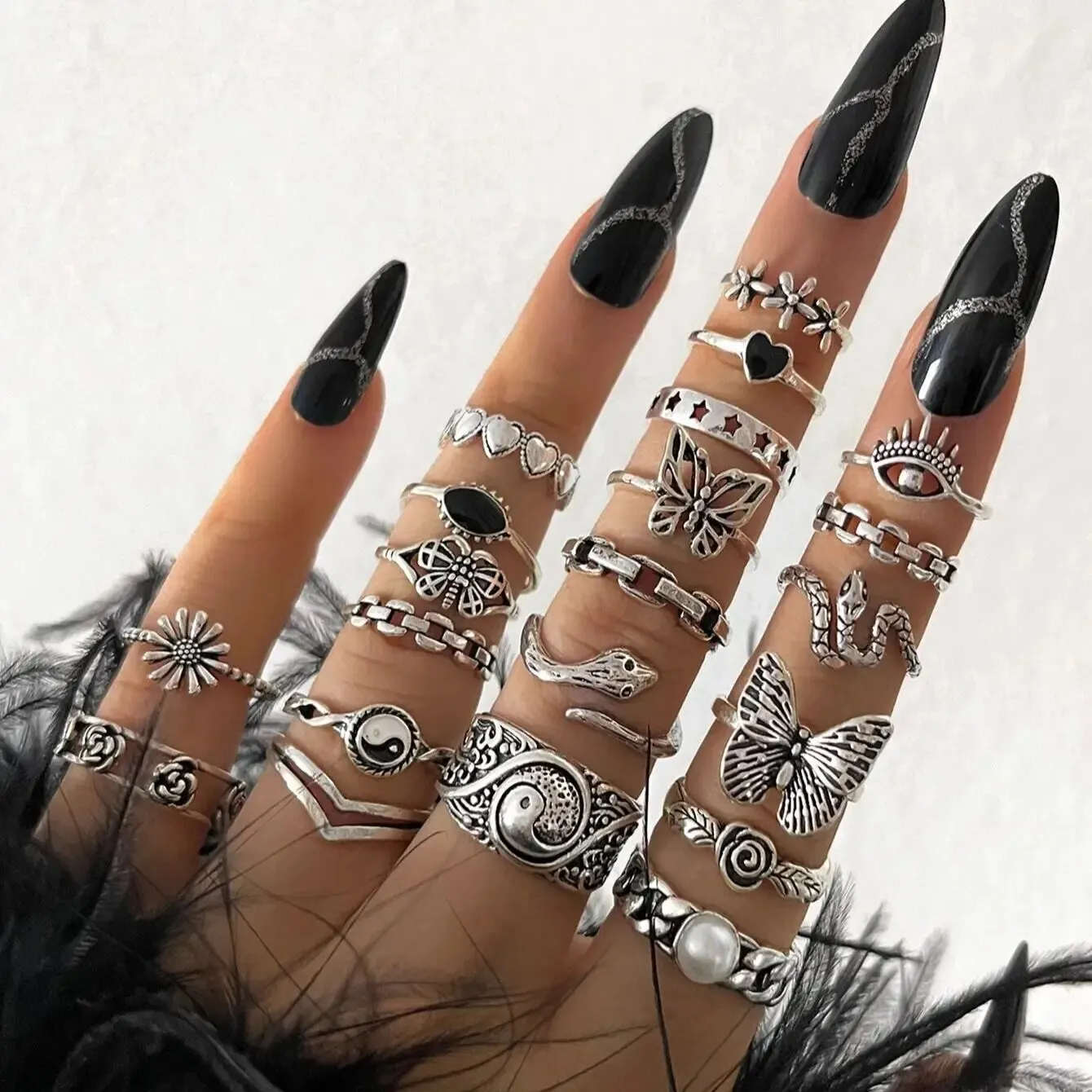 Punk Style Butterfly Heart And Tai Chi Design Multi-element Snake Rings Set 21pcs Set ring set
