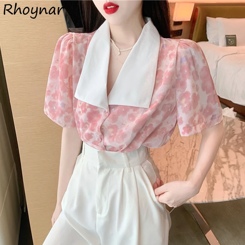 

Pink Printing Shirts Women Gentle Sweet French Stylish Temper Aesthetic Summer Harajuku Elegant Ladies Puff Sleeve Clothes Soft
