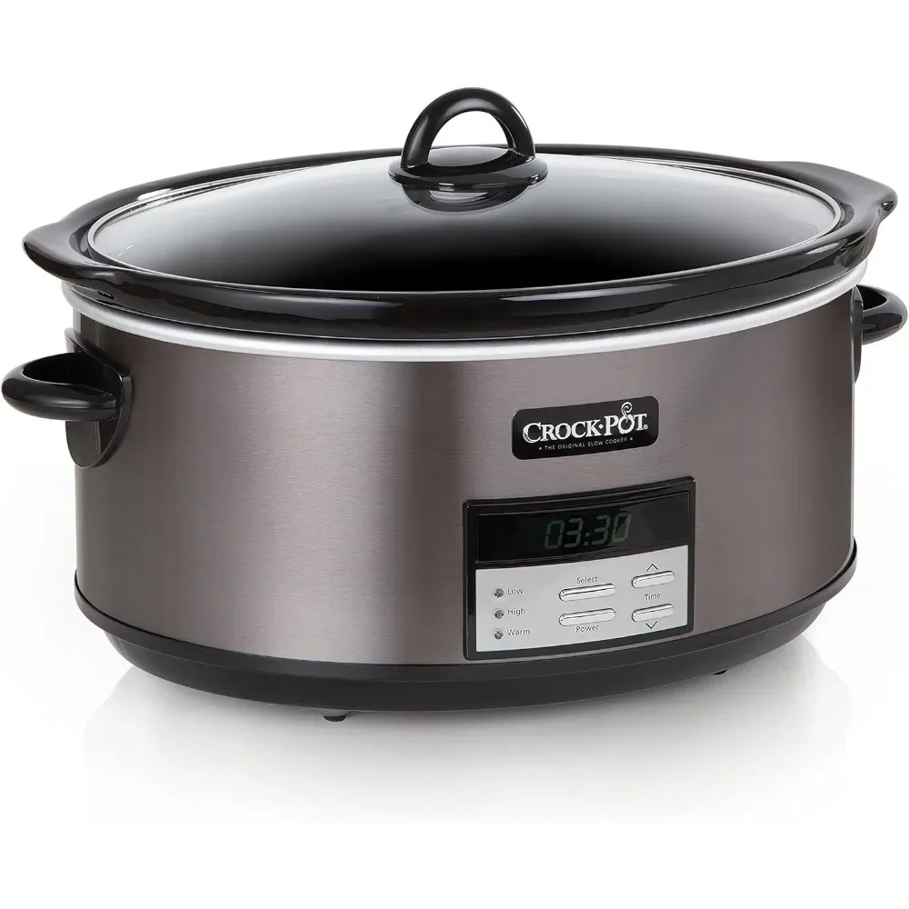 Large 8-Quart Programmable Slow Cooker with Auto Warm Setting, Black Stainless Steel, Includes Cookbook (Pack of 1)