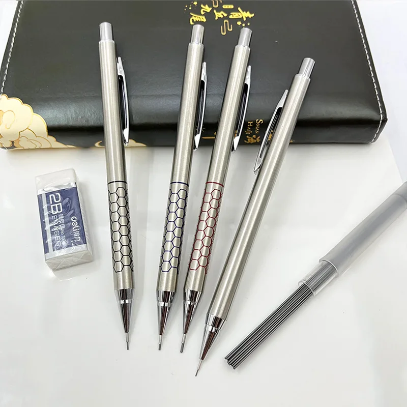 0.3/0.5/0.7/0.9mm All-metal Automatic Pencil Copper Core Stainless Steel High-quality With Hidden Eraser Student Sup