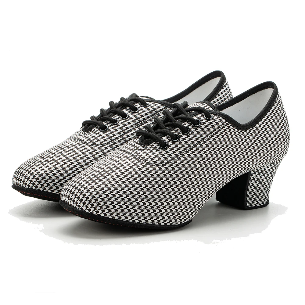 Women  Latin Ballroom Dance Shoes Medium High Heel Soft Sole Breathable Oxford Cloth Houndstooth Dance Shoes 4