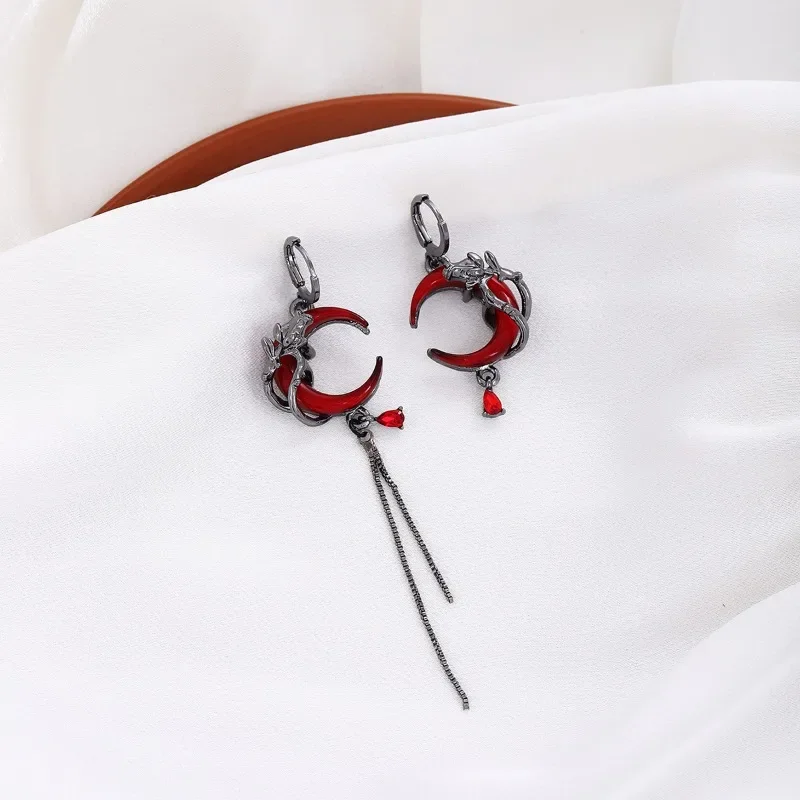 Asymmetry Red Moon Rose Earrings Women European American Style Personality Crystal Drop Pendant Earrings Jewelry Gift