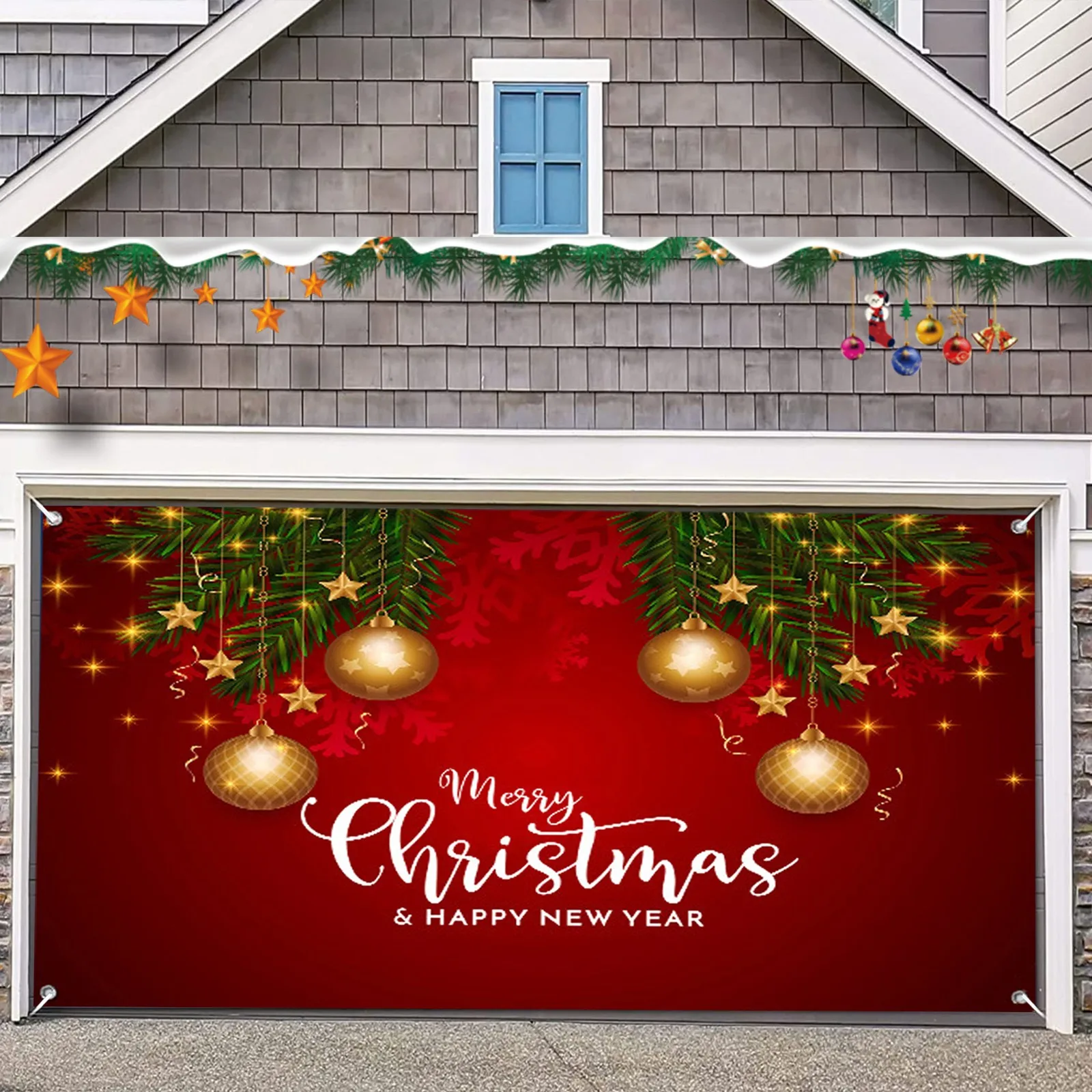 Bannière De Noël Pour Porte De Garage - 4x1,8m, Motifs Père Noël Et Bonhomme De Neige, Décoration Extérieure